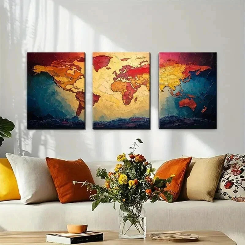 3pcs Colorful World Map for Office Perfect Wall Art Set Canvas Framed 50x70cm - High Quality Print 100% Australian Made Wall Canvas Ready to Hang