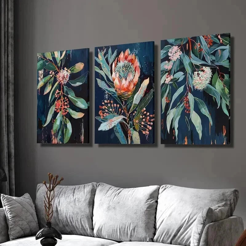 3pcs Blue Leaf Flower Decoration Wall Art Set Canvas Framed 40x60cm - High Quality Print 100% Australian Made Wall Canvas Ready to Hang