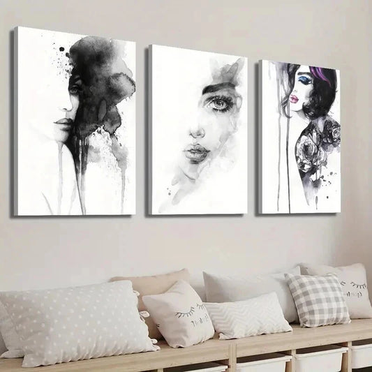 3pcs Black and White Female Portrait Wall Art Set Canvas Framed 50x70cm - High Quality Print 100% Australian Made Wall Canvas Ready to Hang