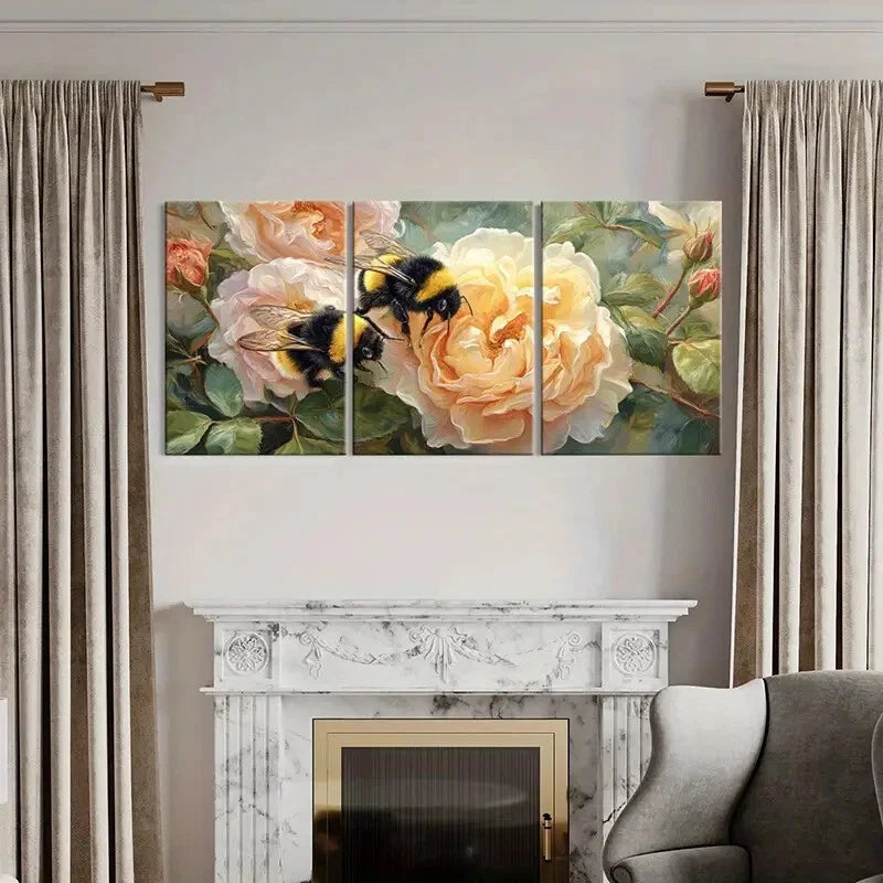 3pcs Vibrant Floral Bee Design Soft Pastel Metal Print Ready to Hang Art