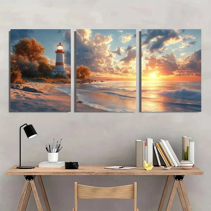 3pcs Coastal Lighthouse & Beach Sunset Metal Print Ready to Hang Art