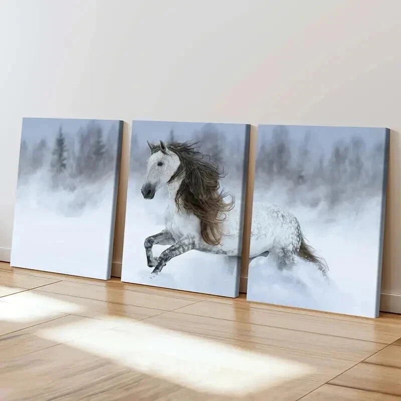 3pcs Running Horse Snowy Landscape Painting Wall Art Set Canvas Framed 40x60cm - High Quality Print 100% Australian Made Wall Canvas Ready to Hang