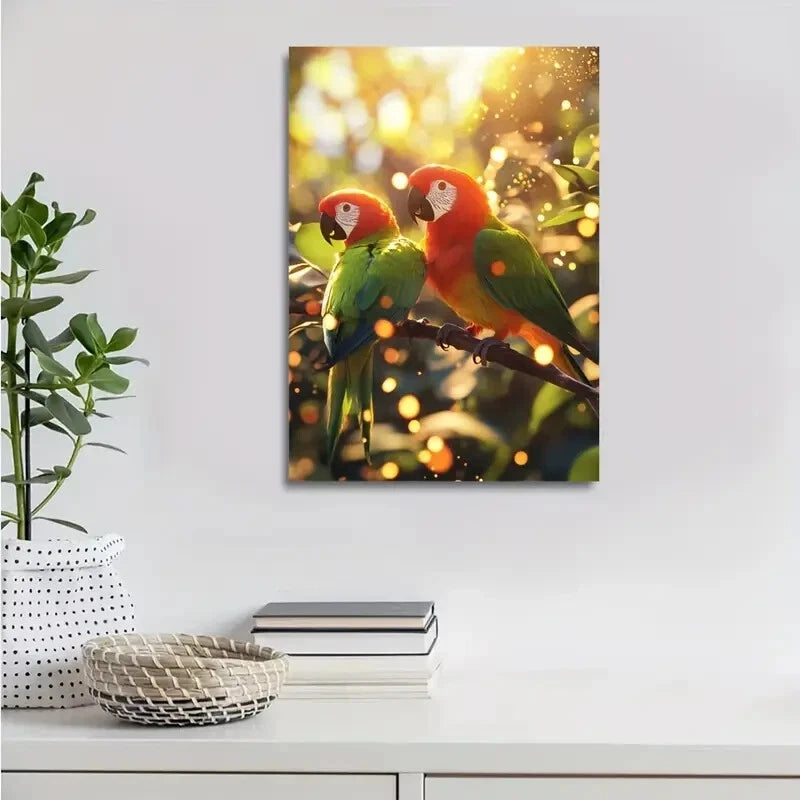 Parrot Playing Together on a Sunny Savannah Painting 40x60cm Metal Print Ready to Hang