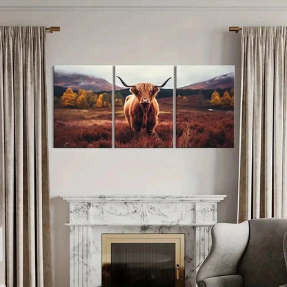 3pcs Animal Plateau Highland Cattle Wall Art Set Canvas Framed 40x60cm - High Quality Print 100% Australian Made Wall Canvas Ready to Hang