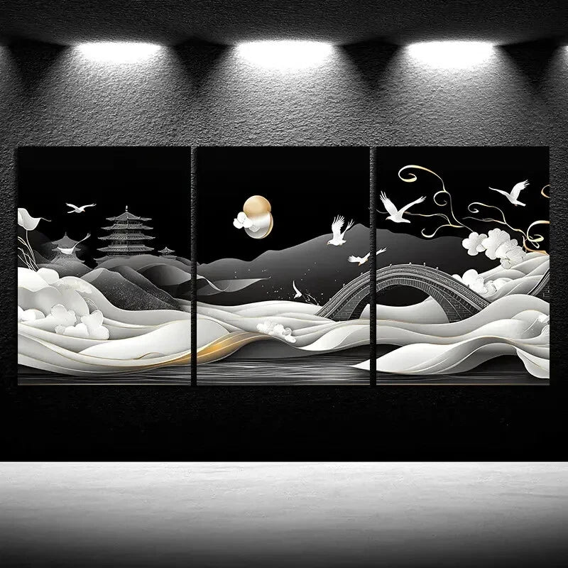 3pcs Black & White Beautiful Arch Bridge Metal Print Ready to Hang Art