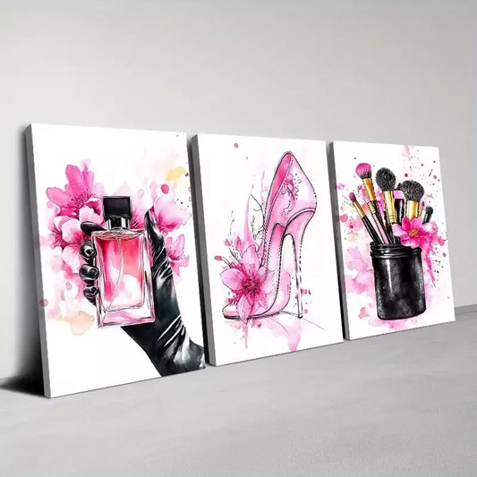 3pcs Chic Ladies Fashion with Pink Cosmetics Wall Art Set Canvas Framed 40x60cm - High Quality Print 100% Australian Made Wall Canvas Ready to Hang - Bella Home Decor