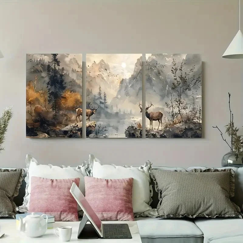 3pcs Serene Forest And River In Misty Wall Art Set Canvas Framed 60x90cm - High Quality Print 100% Australian Made Wall Canvas Ready to Hang