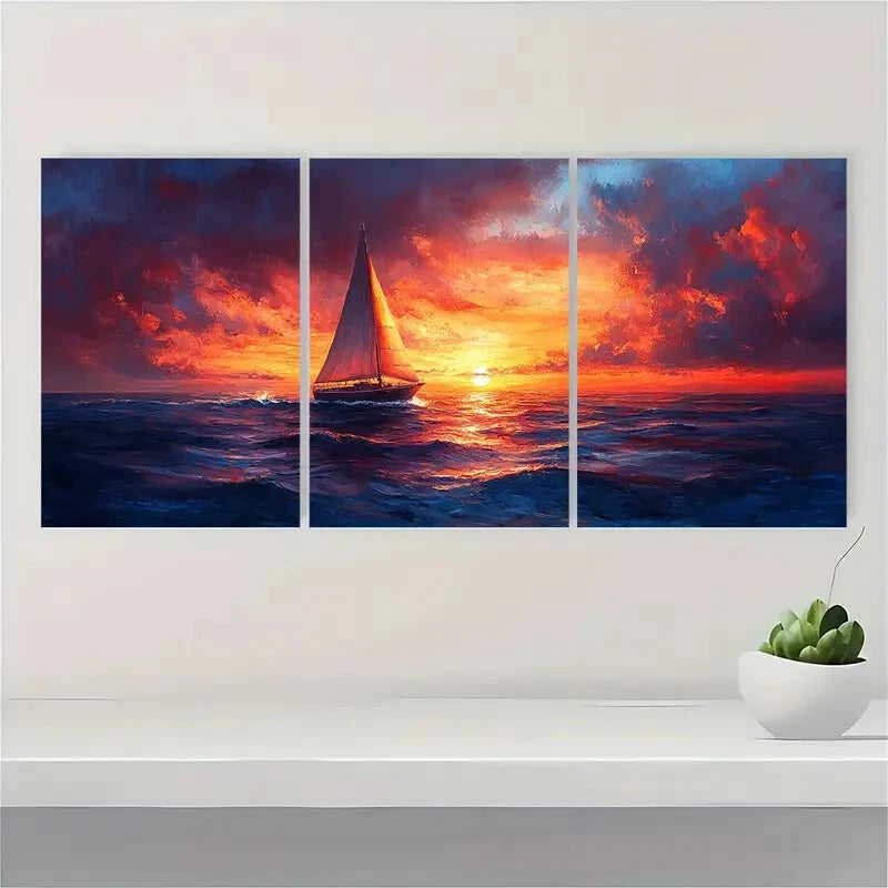 3pcs Sunset Sail Boat Painting Metal Print Ready to Hang Art