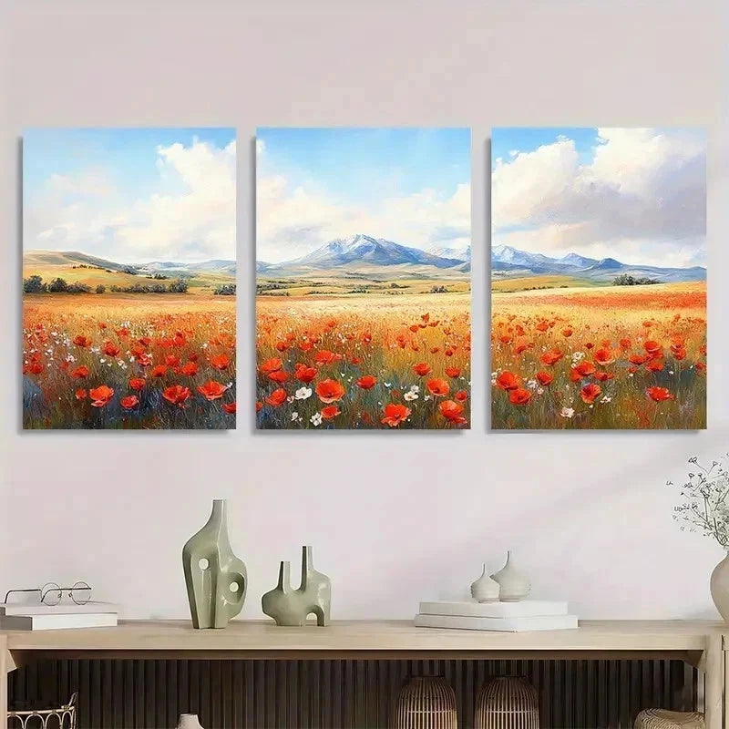 3pcs Vibrant Poppy Meadow Mountain View Perfect Wall Art Set Canvas Framed 40x60cm - High Quality Print 100% Australian Made Wall Canvas Ready to Hang