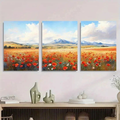 3pcs Vibrant Poppy Meadow Mountain View Perfect Wall Art Set Canvas Framed 40x60cm - High Quality Print 100% Australian Made Wall Canvas Ready to Hang