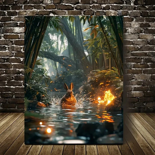 Glowing Embers & Bamboo Grove Scene Painting 40x60cm Metal Print Ready to Hang