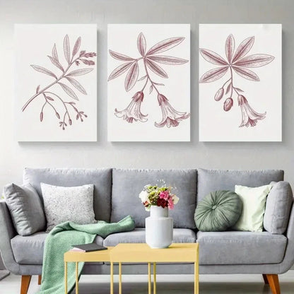 3pcs Botanical Leaves Bell Flowers Painting Metal Print Ready to Hang Art