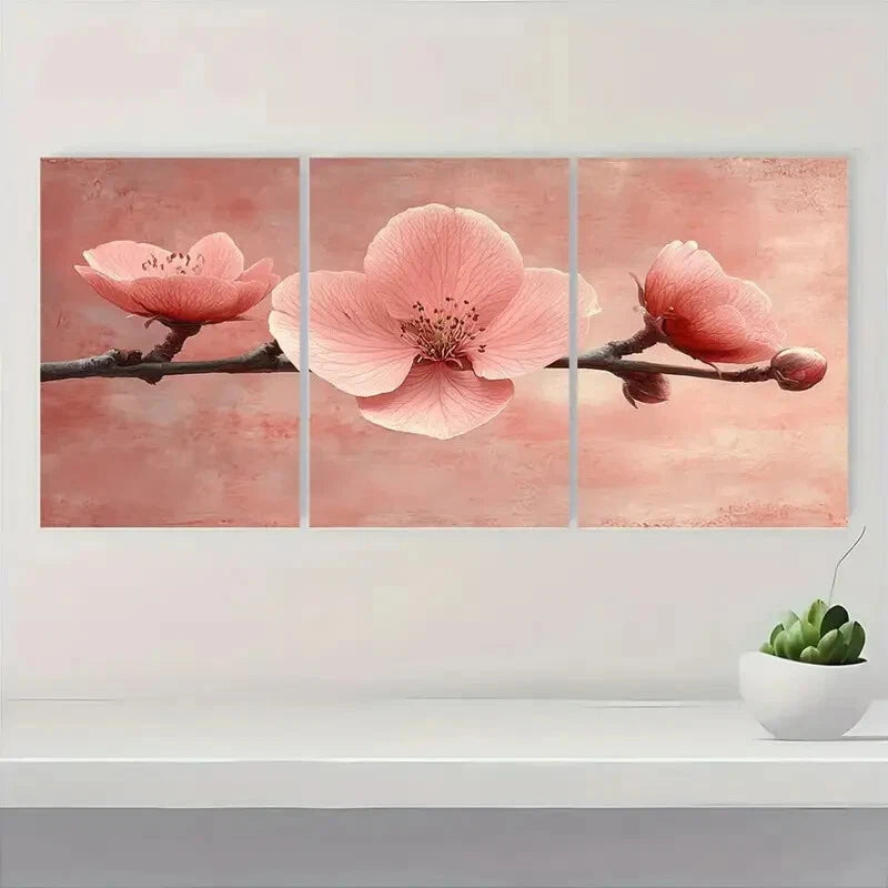 3pcs Elegant Pink Peony Minimalist Floral Metal Print Ready to Hang Art
