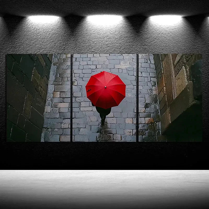 3pcs People Holding Red Umbrellas On Streets Metal Print Ready to Hang Art