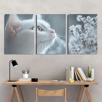 3pcs White Serene Cat & Floral Metal Print Ready to Hang Art