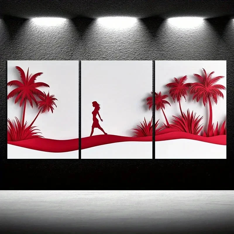 3pcs Red Coconut Trees And Women White Beach Metal Print Ready to Hang Art