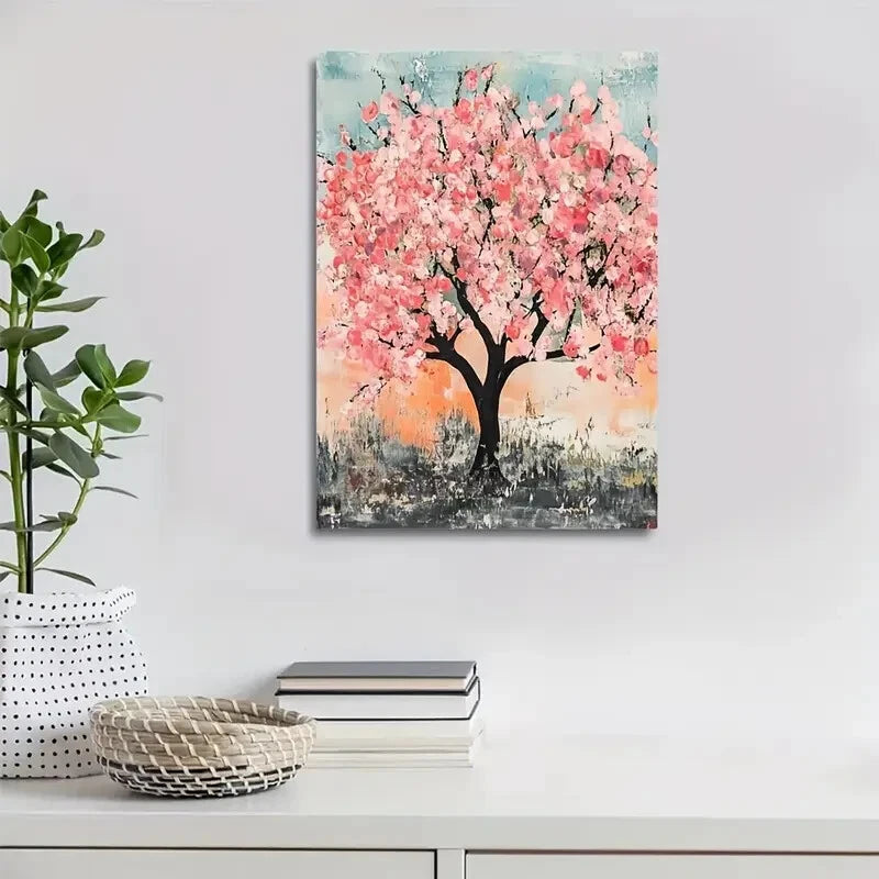 Vibrant Pink Peach Tree Forest with Sunset Painting 40x60cm Metal Print Ready to Hang