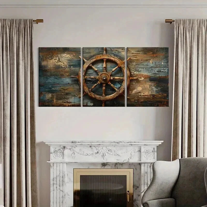 3pcs Nautical Ship Wheel Artwork Vintage Wall Art Set Canvas Framed 40x60cm - High Quality Print 100% Australian Made Wall Canvas Ready to Hang
