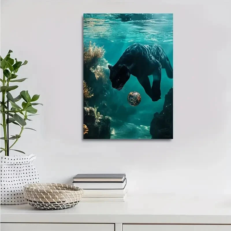 Panther Playing with Ball Underwater Painting 40x60cm Metal Print Ready to Hang