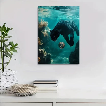 Panther Playing with Ball Underwater Painting 40x60cm Metal Print Ready to Hang