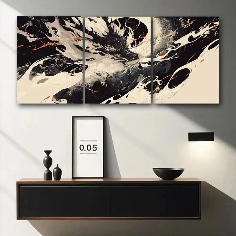 3pcs Dragon Elegant Black & White Abstract Metal Print Ready to Hang Art