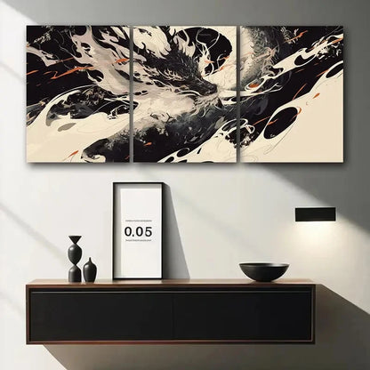 3pcs Dragon Elegant Black & White Abstract Metal Print Ready to Hang Art