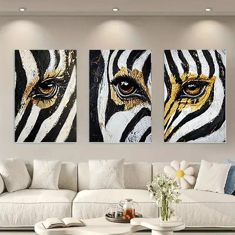 3pcs Zebra Abstract Black & White with Yellow Wall Art Canvas Framed 40x60cm - High Quality Print 100% Australian Made Wall Canvas Ready to Hang