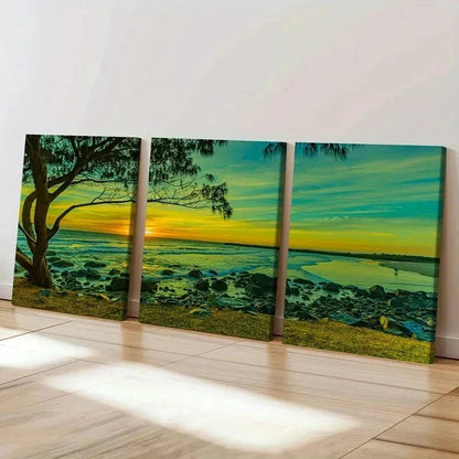 3pcs Beach Sunset Seaside Natural Landscape Wall Art Set Canvas Framed 40x60cm - High Quality Print 100% Australian Made Wall Canvas Ready to Hang