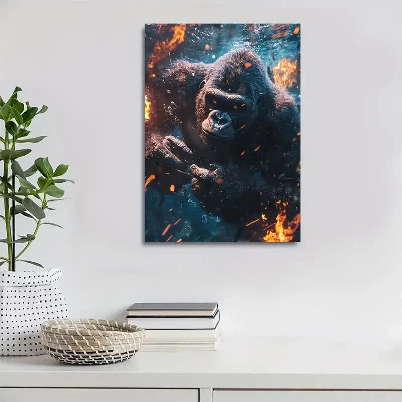 Gorilla Underwater Wrestling Scene with Glow Painting 40x60cm Metal Print Ready to Hang