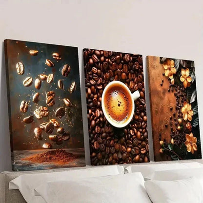 3pcs Coffee Beans & Cup of Coffee Decoration Wall Art Set Canvas Unframed - High Quality Print 100% Australian Made Wall Canvas