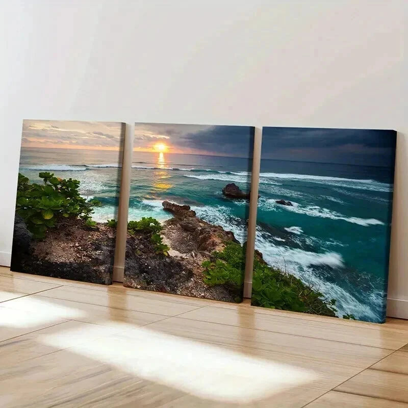 3pcs Sunset Coastline Ocean Waves & Rocky Shore Wall Art Set Canvas Framed 40x60cm - High Quality Print 100% Australian Made Wall Canvas Ready to Hang