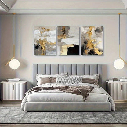 Modern bedroom with abstract wall art above a bed