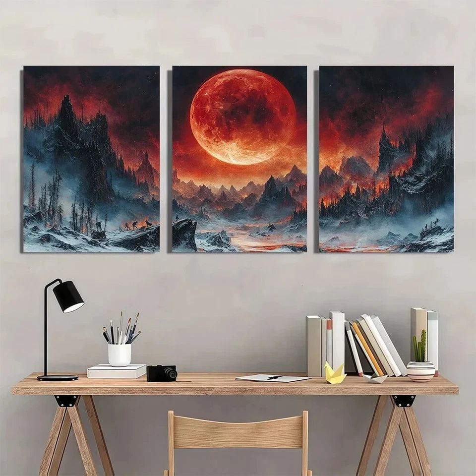 3pcs Fantasy Anime Game Red Moon Scene Metal Print Ready to Hang Art