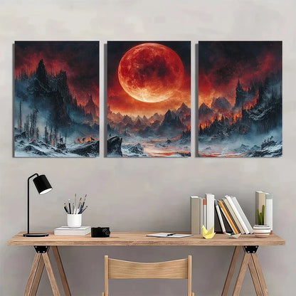 3pcs Fantasy Anime Game Red Moon Scene Metal Print Ready to Hang Art