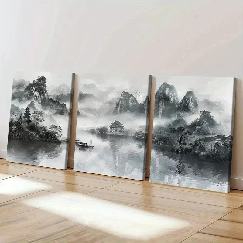 3pcs Black & White Chinese Landscape Wall Art Set Canvas Framed 40x60cm - High Quality Print 100% Australian Made Wall Canvas Ready to Hang