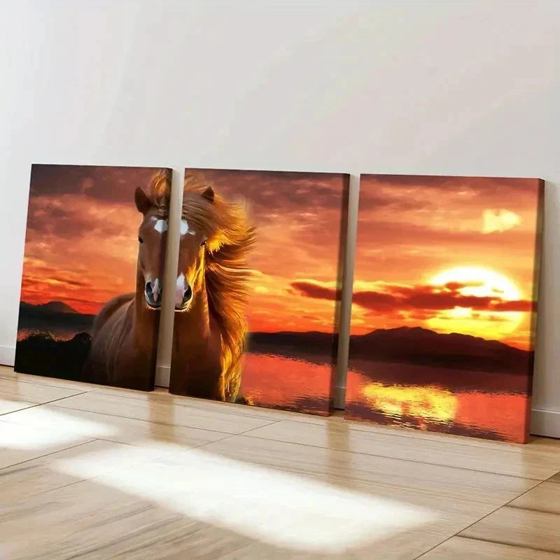 3pcs Vintage Hairy Horse at Sunset Wall Art Set Canvas Framed 40x60cm - High Quality Print 100% Australian Made Wall Canvas Ready to Hang