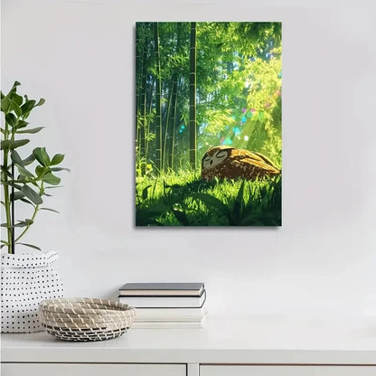 Cartoon Owl in Bamboo Grove with Rainbow 40x60cm Metal Print Ready to Hang