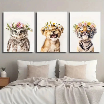 3pcs Adorable Animal Floral Crowns Perfect Wall Art Set Canvas Framed 40x60cm - High Quality Print 100% Australian Made Wall Canvas Ready to Hang