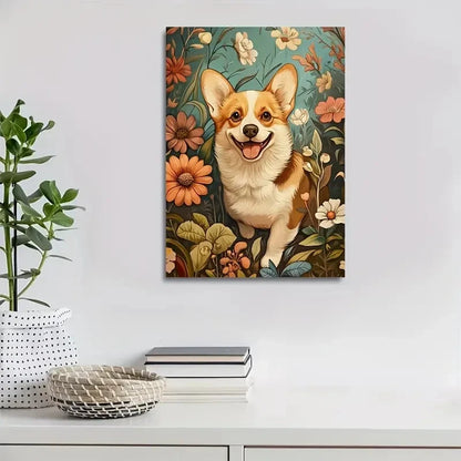 Cute Corgi Dog with Flowers & Plants 40x60cm Metal Print Ready to Hang