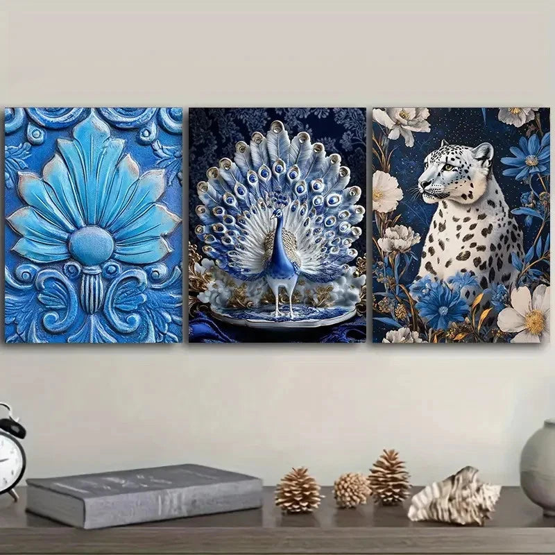 3pcs Elegant Blue Peacock And White Leopard Wall Art Set Canvas Framed 50x70cm - High Quality Print 100% Australian Made Wall Canvas Ready to Hang