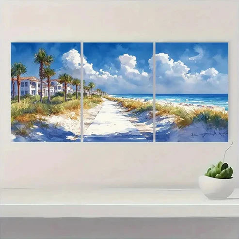 3pcs Seaside Beach Scene with Palm SB  Wall Art Set Canvas Unframed - High Quality Print 100% Australian Made Wall Canvas