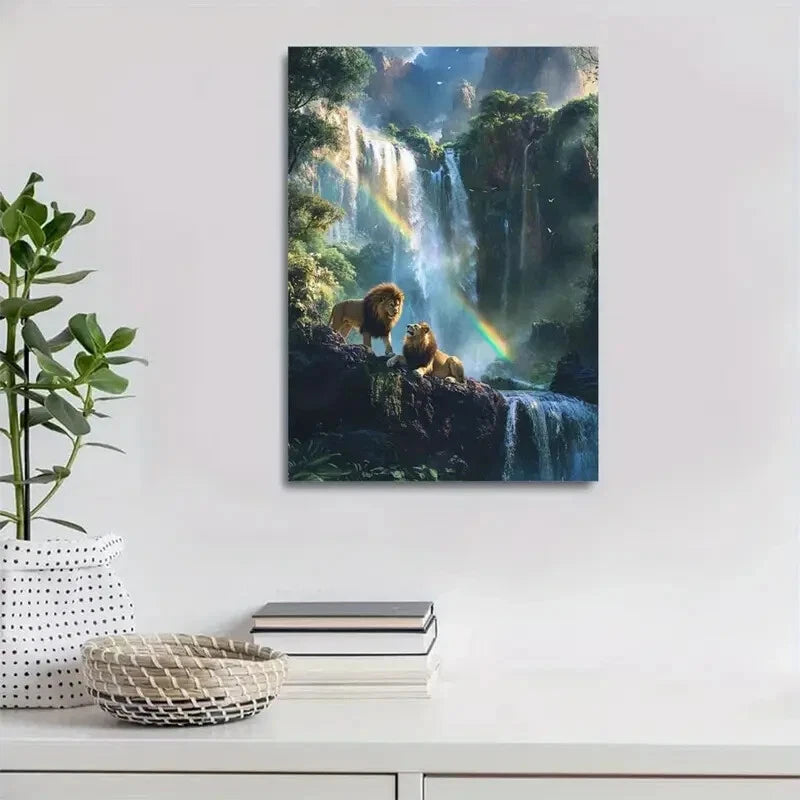 Beautiful Dreamlike Lion Scene with Crystal Painting 40x60cm Metal Print Ready to Hang
