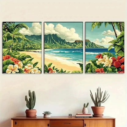3pcs Hibiscus Flowers & Ocean View Perfect Wall Art Set Canvas Framed 40x60cm - High Quality Print 100% Australian Made Wall Canvas Ready to Hang