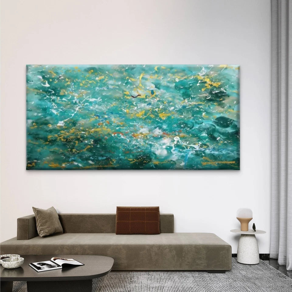 Abstract Teal Blue Green Wall Art Canvas Office Home Room Framed 120x60cm
