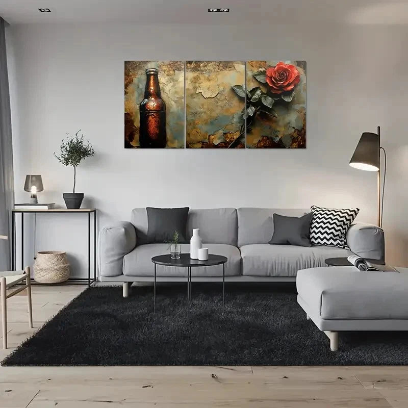 3pcs Rustic Beer Bottle & Rose Painting Metal Print Ready to Hang Art