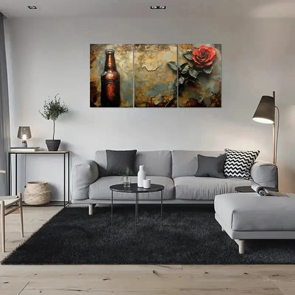 3pcs Rustic Beer Bottle & Rose Painting Metal Print Ready to Hang Art