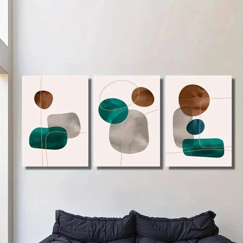 3pcs Blue Brown Grey Geometric Shape & Gold Line Wall Art Set Canvas Framed 40x60cm - High Quality Print 100% Australian Made Wall Canvas Ready to Hang