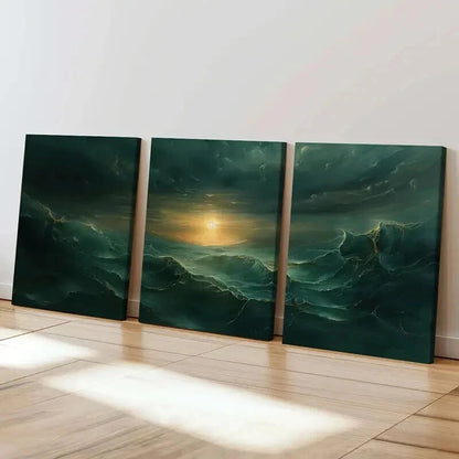 3pcs Mystical Golden Waves & Dark Clouds Wall Art Set Canvas Framed 40x60cm - High Quality Print 100% Australian Made Wall Canvas Ready to Hang