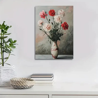 Vibrant Red & Pink Carnations with Marbled Vase 40x60cm Metal Print Ready to Hang