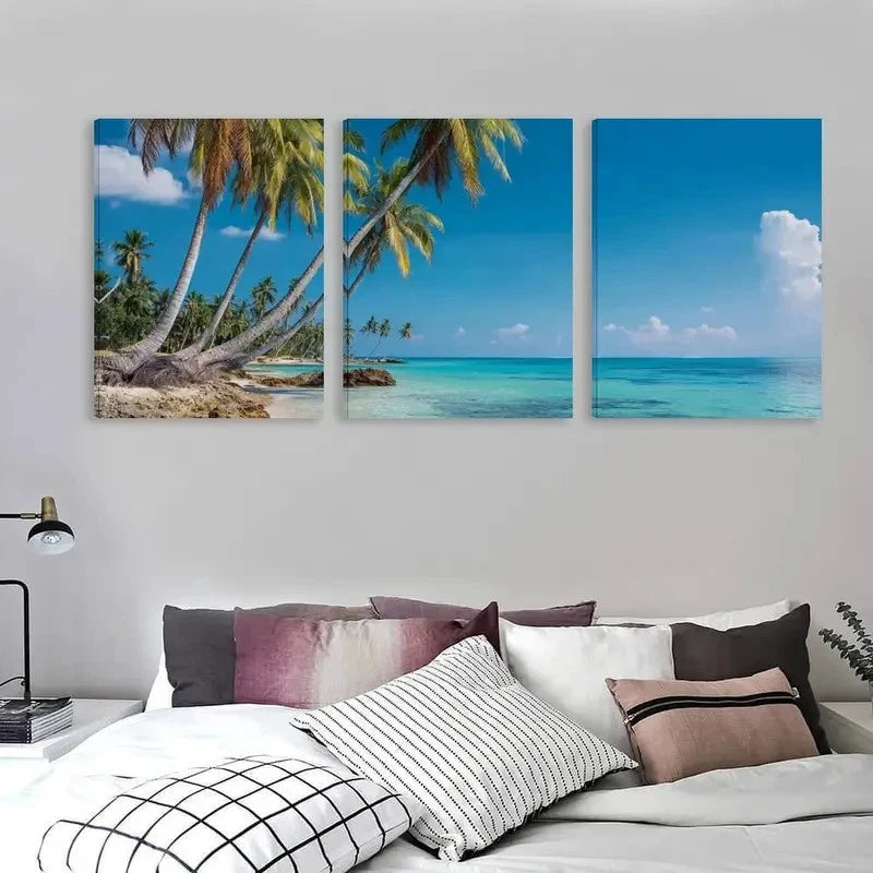 3pcs Australian Beach Waters & Palm Trees   Wall Art Set Canvas Framed 60x90cm - High Quality Print 100% Australian Made Wall Canvas Ready to Hang